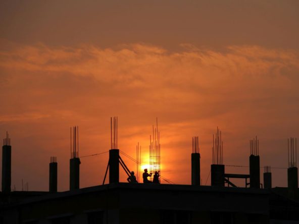 A construction site during sunset